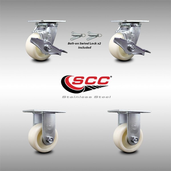 Service Caster 4 Inch Stainless Steel Nylon Caster Set with 2 Brakes/Swivel Lock 2 Rigid SCC SCC-SS30S420-NYR-TLB-BSL-2-R-2 - main